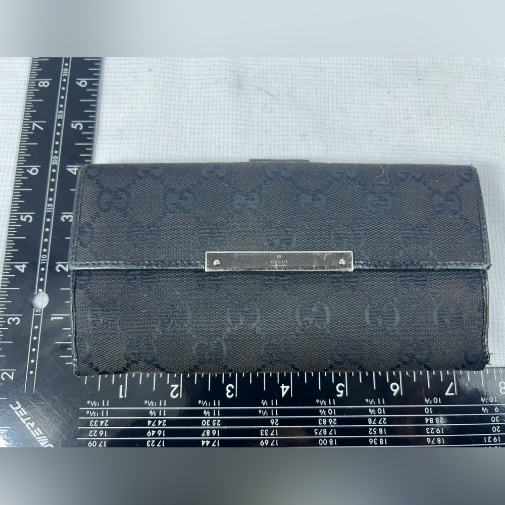 1023: Gucci GG Black Canvas Continental Wallet Leather Trim - Picture 10 of 10